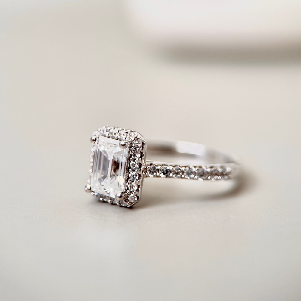 1.35ctw S925 Moissanite Emerald Cut Halo Engagement Ring 18K Gold Plate - Picture 9 of 9